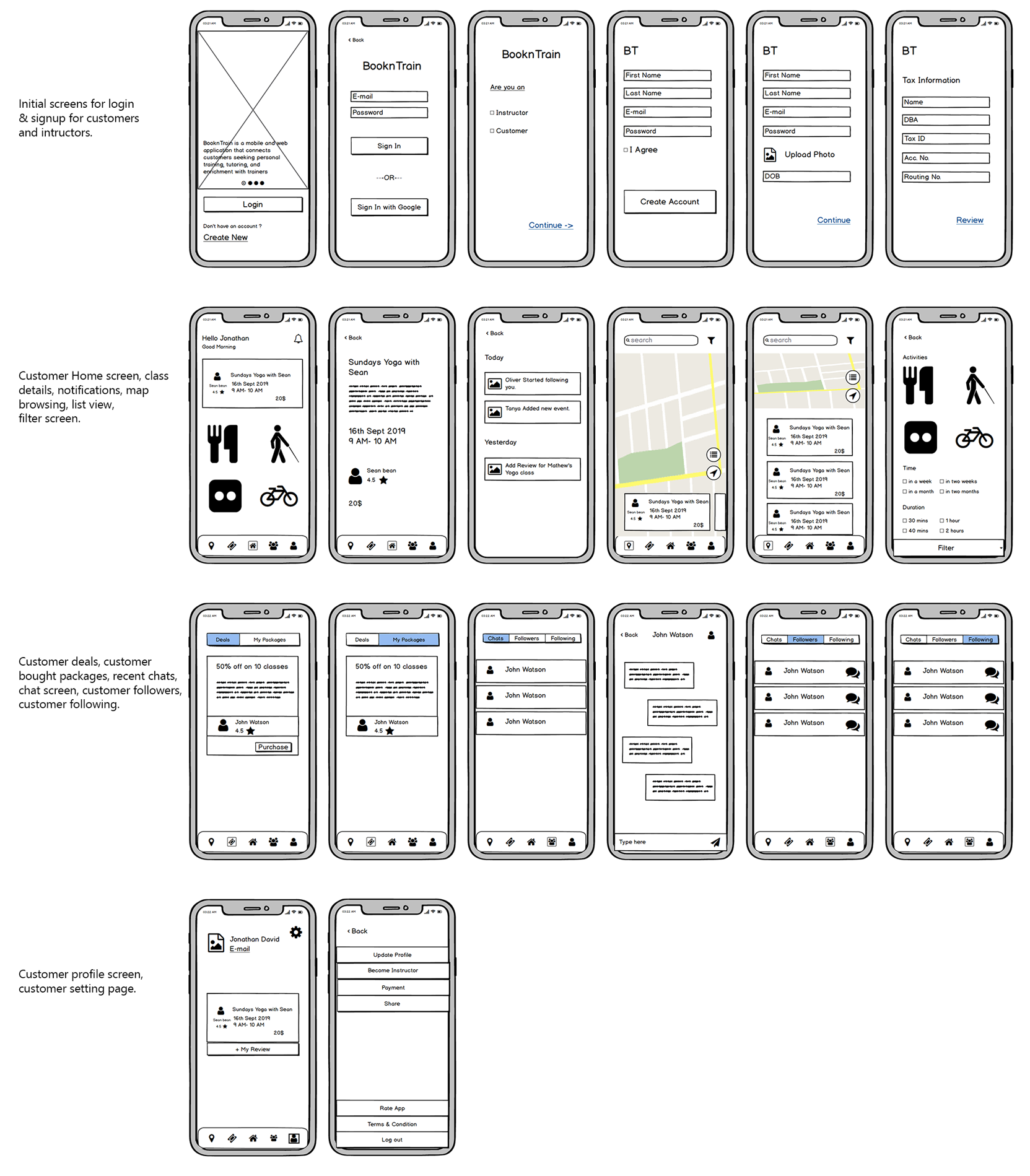 Bookntrain wireframes